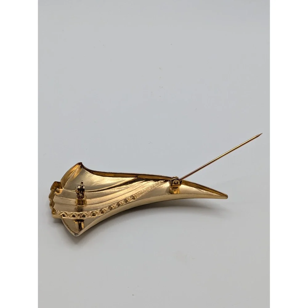 Vintage Gold Tone Rhinestone Sailboat Brooch Pin Abstract Modernist‎ Nautical